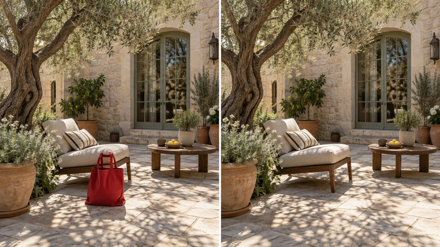The same courtyard side by side: a red tote bag in front of the chair on the left; the bag removed on the right.